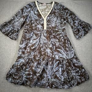 SAIPH Floral Dress Womens Large Blue Brown Cotton V-Neck Flare Sleeve Ruffle Hem